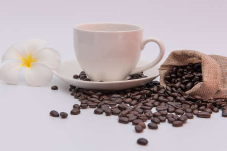 coffee cup and coffee bean on white table wtih plumeria flowerの写真素材