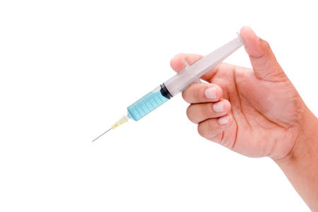 hand holding syringe isolated on white backgroundの写真素材
