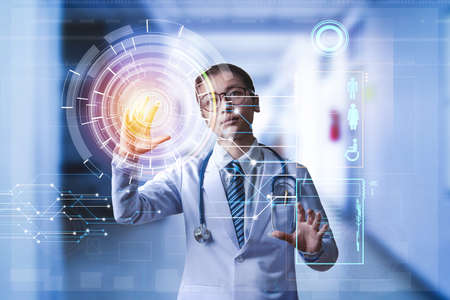 doctor holding hand on touch screen to calling digital patient data from server, digital medical technology concept, illustration screen or hologram technologyの写真素材