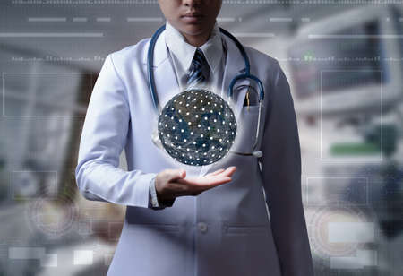 doctor holding hand show global connection or world wide connection, illustration medical technologyの写真素材
