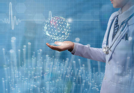 concept of doctor holding global in hand with illustration ECG and light graphicの写真素材