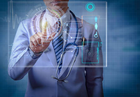 doctor holding right index finger to scan user and log in to patient information, digital or modern medical concept, illustration futuristic medical technology in hospitalの写真素材