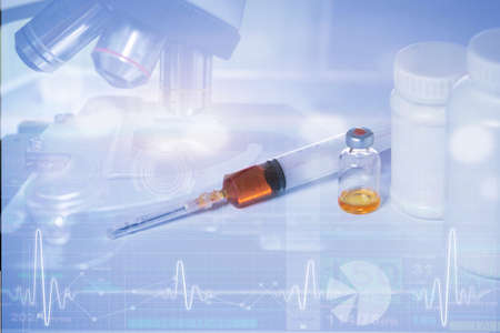 double exposure of injection medicine and microscope with ECG wave