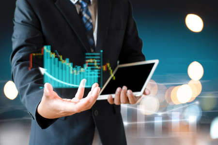 businessman white suit present information chart of stock investing
