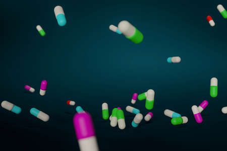falling capsules medication on dark background, 3D renderingの写真素材