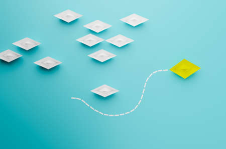 leader ship concept, top view yellow boat win and success, business success concept, 3D illustration renderingの写真素材