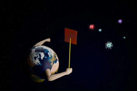 planet eart holding fly swatter to fighting corona virus 2019, earth fighting covid-19 flu, 3D...
