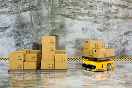 lifting robot working to take parcel boxの写真素材