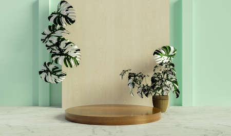 loft style podium for product presentation with nature mock up, 3d illustration renderingの写真素材