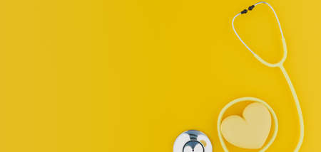 Heart and stethoscope on yellow background, 3D illustrations renderingの写真素材