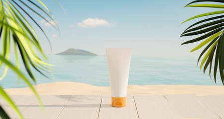 sunprotection product mock up, beautiful beach with product presentation mock up, 3d illustration...