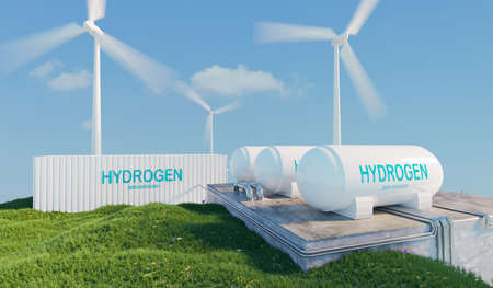 hydrogen power and wind tubine for generate green hydrogen, zero emission power, 3d illustration renderingの写真素材