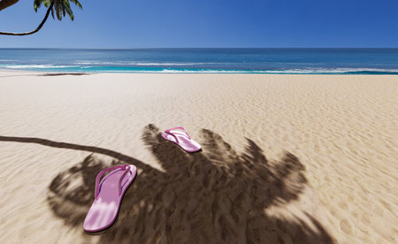 Pink shoes on clean beach in sunny day, 3D illustration renderingの写真素材