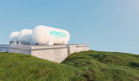 Hydrogen power storage on hill, zero emissions and nature friendly energy, 3D illustrations renderingの写真素材