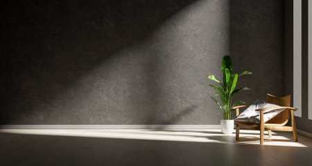 dark room with chair at right corner with ray light, 3d illustration rendering