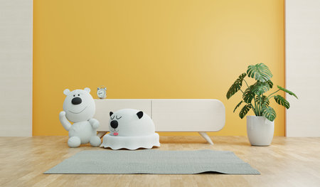 funny bear doll in living child room yellow background, 3d illustration renderingの写真素材