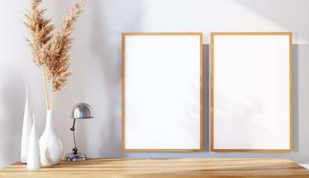 minimal room with picture frame mock up design, 3d illustration renderingの写真素材