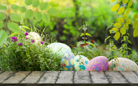 easter egg in grass field mock up scene, 3d illustration renderingの写真素材