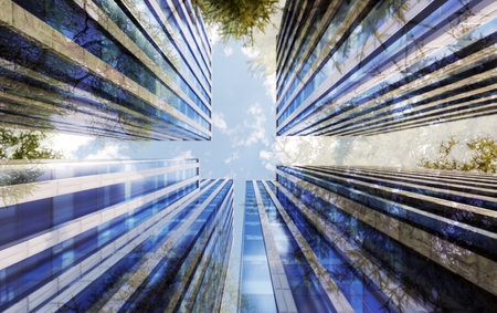 high buildingshooting from bottom view with tree reflection windowof building, environment frieldly concept, 3d ilustration renderingの写真素材