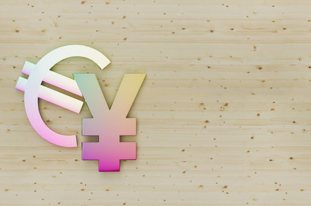 Eurjpy symbols on wooden backgrounds, rainbow color forex symbol, 3d illustrations renderingの写真素材