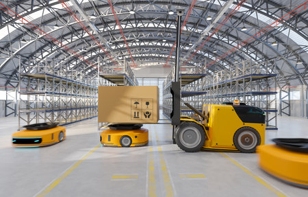 Automatic folk lift machine holding box and put the box on AGV machine, 3d illustration renderingの写真素材