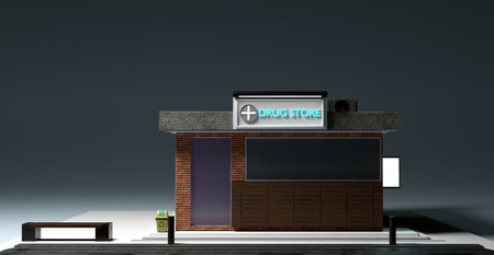 Drug store and pharmacy shop in night scene,3d illustration renderingの写真素材