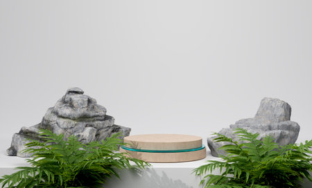 Mock up wooden podium with rock and plant, 3d illustrations renderingの写真素材