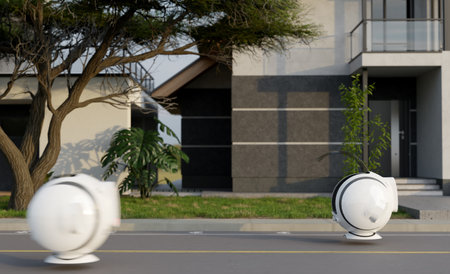 futuristic delivery and flying magnetic levitation robot transportation, 3d illustration  renderingの写真素材