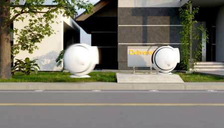 futuristic delivery and flying magnetic levitation robot transportation, 3d illustration  renderingの写真素材