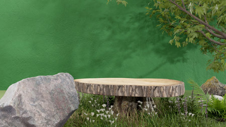 tree stump podium mock up design for product presentation, 3d illustration renderingの写真素材