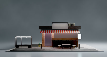 Mock up minimart in night scene, 3d illustrations renderingの写真素材