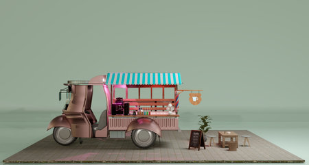 custom coffee car street food in night scene, 3d illustration renderingの写真素材