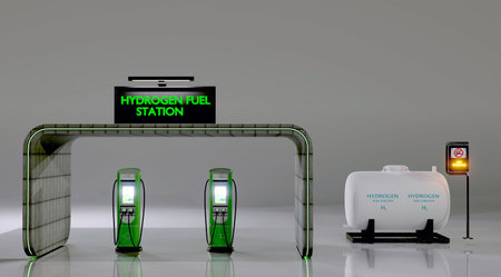 Hydrogen fuel station in night scene, 3d illumination renderingの写真素材