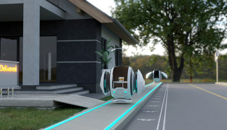White magnetic levitation delivery robot, remote control food delivery in city, 3d illustrations renderingの写真素材