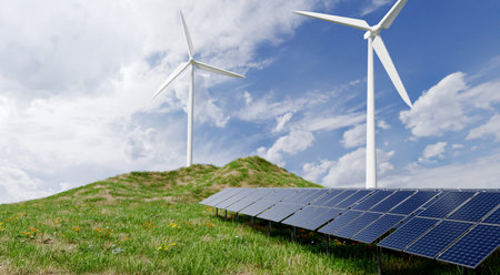 Solar panel and wind turbines in blue sky day, 3d illustration renderingの写真素材
