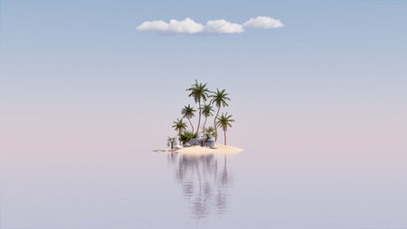 Paradise beach or island in the middle of the sea far away, 3d illustration renderingの写真素材