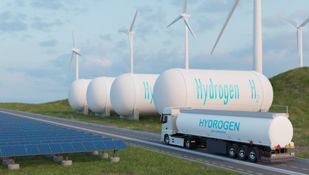 Hydrogen fuel transportation and storage, green power and zero emissions energy, 3d illustrations renderingの写真素材