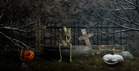 skeleton sitting in graveyard halloween concept, 3d illustration renderingの写真素材