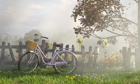 Vintage pastel bicycle with sunflower farm with fog cloud and autumn tree, 3D illustrations renderingの写真素材