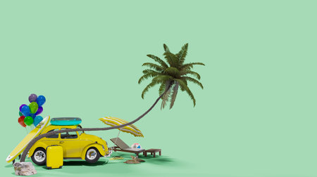 Beach traveling concept minimal mock up design, 3d illustration renderingの写真素材