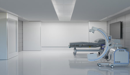 Clean medical room with c arm and hospital bed with copy space, 3d illustrations renderingの写真素材