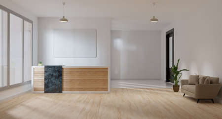 reception desk with mock up frame in customer service area, 3d illustration renderingの写真素材