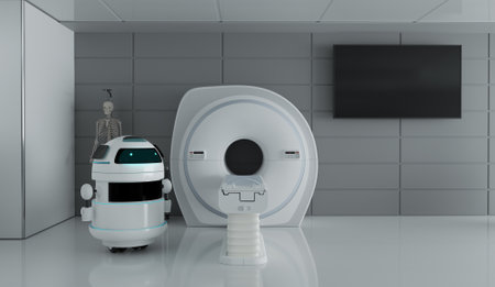 Mock up MRI machine in medical room with robotic control concept, 3d illustration renderingの写真素材