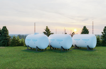 Hydrogen fuel storage tank on green meadows field, 3d illustrations renderingの写真素材