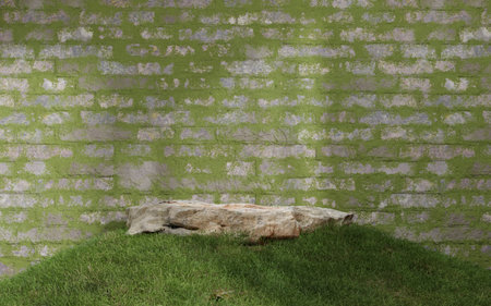 Mock up rock stone on old brick walls with moss, 3d illustrations renderingの写真素材
