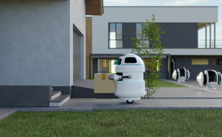 A delivery robot carries a box in front of the house waiting for the home owner to come pick it up, 3d illustration renderingの写真素材