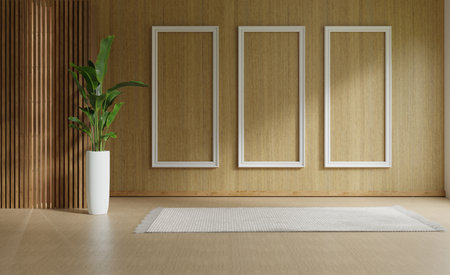 Mock up transparent picture frame in wooden room, 3d illustration renderingの写真素材