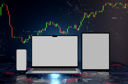 Mock up computers and smart devices on forex chart background, 3d illustration renderingの写真素材
