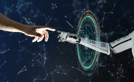 Human hand touching robot hand Human interaction and robot operation, 3d ilustration reneringの写真素材