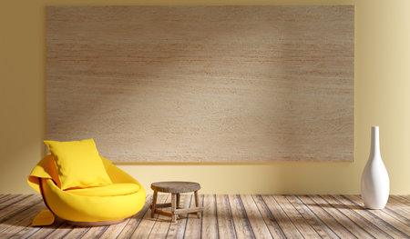 Yellow chair in minimal room, mock up minimal warm tone room, 3d illustration renderingの写真素材